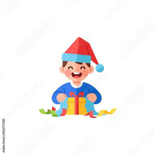 Excited Boy Opening Christmas Gift with Santa Hat.