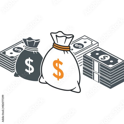 Money bags and stacks of cash illustration for finance.