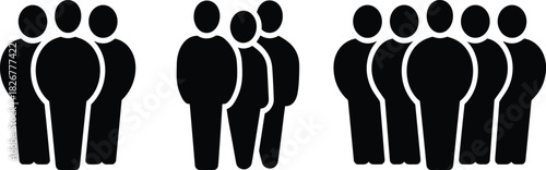 Human group icon set, stylized people silhouettes, social cluster graphics, minimal black vector illustrations, organizational symbols