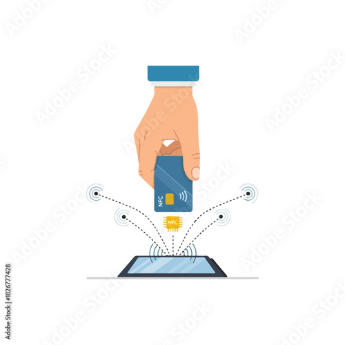 Contactless Payment - Hand Holding Credit Card Over Tablet for Transaction.