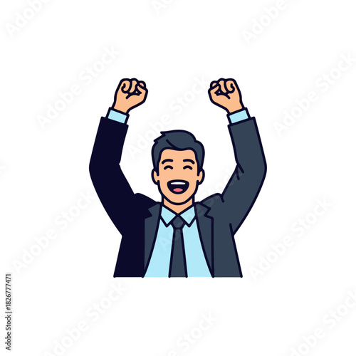 Excited Businessman Celebrating Success with Raised Fists.