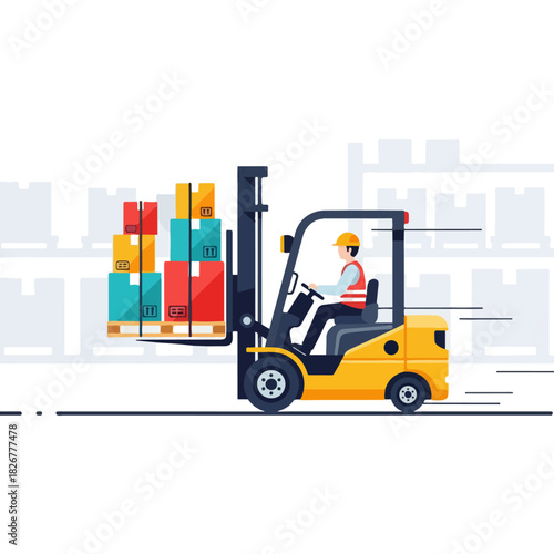 Forklift Operator Transporting Pallet of Boxes in Warehouse.