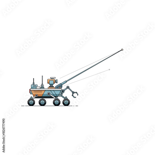 Illustration of a Mars rover with a long antenna and robotic arm.