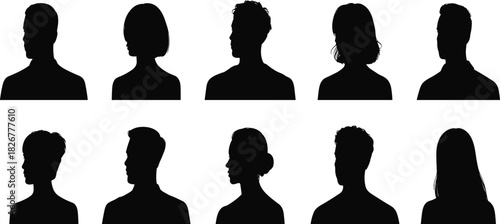 Human head icon set, profile silhouettes, black vector design, hairstyle diversity, avatar elements, minimal shapes, graphic illustration