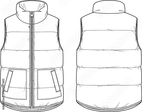 Vector Technical Flat Sketch of Puffer Bodywarmer Vest Featuring Wide Horizontal Quilting, Stand Collar, Full Zipper, and Large Patch Pockets Design