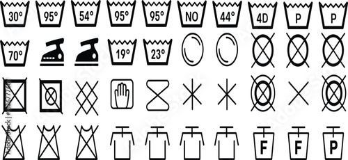 Laundry care symbol set, washing instructions icons, garment label graphics, textile treatment signs, clothing care vector design pack