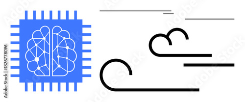 Brain embedded in microchip and flowing lines suggest neural computing, data flow, AI processes, and digital transformation. Ideal for AI, technology, innovation, automation, machine learning