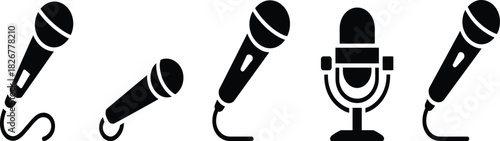 Microphone icon set, black silhouette, audio symbol, podcast tool, music equipment, sound recording, vector graphic, studio mic, isolated design, communication device