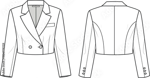 Vector Technical Drawing of Tailored Women's Cropped Double-Breasted Jacket, Blazer Fashion Flat with Notch Lapel and Sleeve Vents for Design Mockup