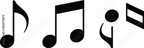 Music notation icons, note and rest symbols, vector design, rhythm graphics, musical elements, black silhouette set