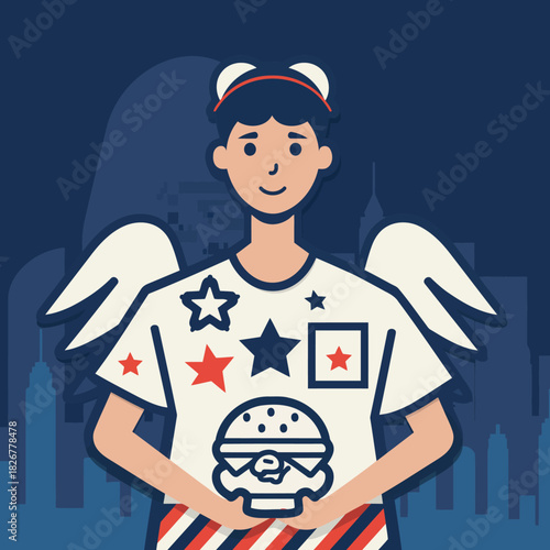 Fun cartoon illustration of a child American football fan with red hair watching a player with the ball