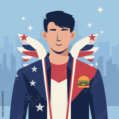 A young man, an American football player and fan, is proudly smiling and holding a patriotic USA flag