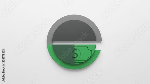 A graphic illustration of a pie chart with a dollar bill on a green and gray background, conveying financial or economic concepts in a simple, flat design.