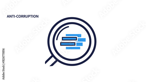 Flat design illustration of a magnifying glass over three horizontal bars on a white background with the words 'ANTI-CORRUPTION' in the upper left corner.