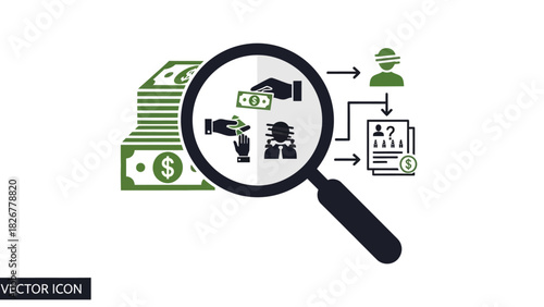 Vector illustration of a magnifying glass over icons representing financial investigation or money laundering concept with a stack of cash and a document on a white background.