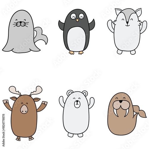 Hand-drawn cartoon set of arctic animals on a white background. Seal, penguin, wolf, reindeer, polar bear, walrus.