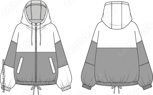 Technical Flat Sketch of Oversized Colorblock Hooded Windbreaker Jacket Fashion Design