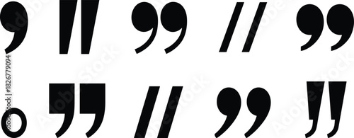 Quotation mark icon set, punctuation symbols, typographic elements, vector design, black silhouettes, font style comparison graphics
