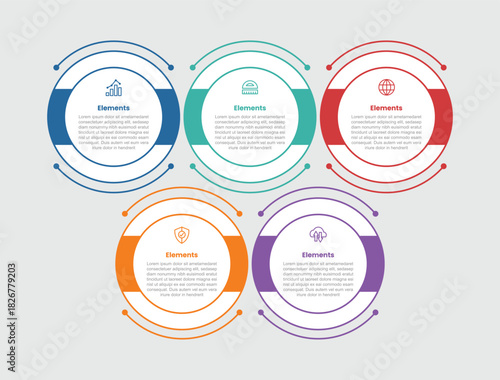 5 elements infographic comparison diagram with big circle with dot line outline on unbalance structure with 5 step for slide presentation