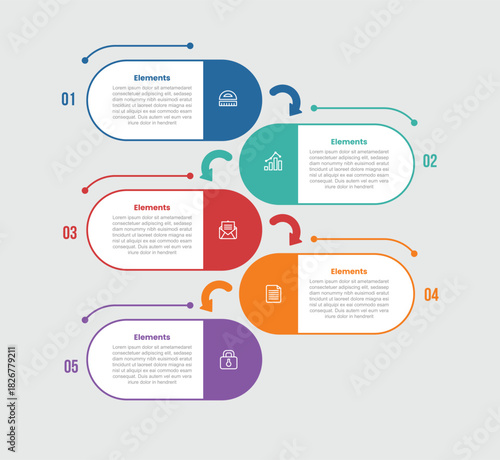 5 elements infographic comparison diagram with round rectangle box container with arrow vertical stacked direction with 5 step for slide presentation