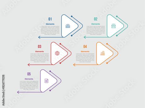 5 elements infographic comparison diagram with round arrow triangle stacked list with unbalance structure with 5 step for slide presentation