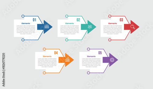 5 elements infographic comparison diagram with big arrow with dot outline open container box with 5 step for slide presentation