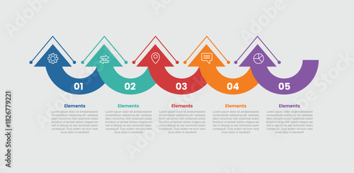 5 elements infographic comparison diagram with half circle with arrow edge top direction with 5 step for slide presentation