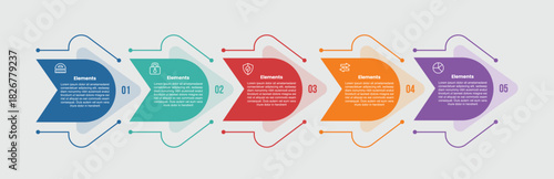 5 elements infographic comparison diagram with creative arrow combination with dot line cut combination on horizontal direction with 5 step for slide presentation