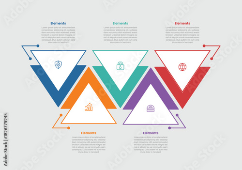 5 elements infographic comparison diagram with sharp triangle up and down combination with 5 step for slide presentation