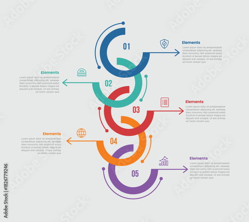 5 elements infographic comparison diagram with open circle cut slice chained with arrow on vertical direction with opposite position with 5 step for slide presentation