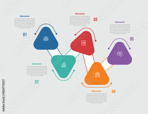 5 elements infographic comparison diagram with round triangle with skew layout structure with spreading direction with 5 step for slide presentation