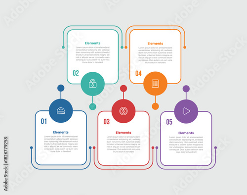 5 elements infographic comparison diagram with round square box with circle badge up and down with dot line pointer with 5 step for slide presentation