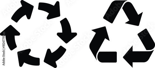 Recycling icon set, sustainability symbols, vector illustration, black eco graphics, circular and triangular arrows, waste management design