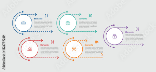 5 elements infographic comparison diagram with big circle with dotted arrow line right direction with 5 step for slide presentation