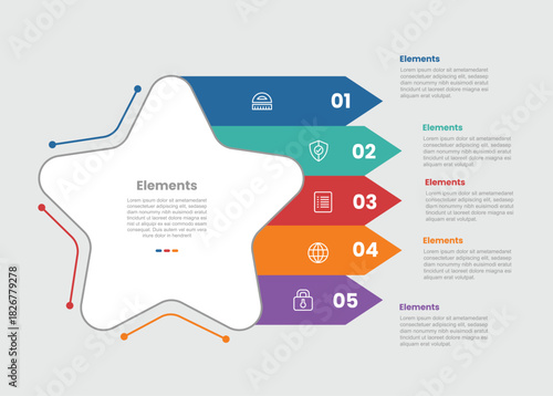 5 elements infographic comparison diagram with round star with stacked arrow box container with 5 step for slide presentation