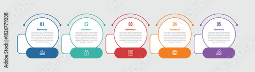 5 elements infographic comparison diagram with big circle container with round rectangle badge on bottom with 5 step for slide presentation