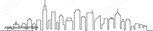 A minimalist black line shows a dense city skyline with transparent background