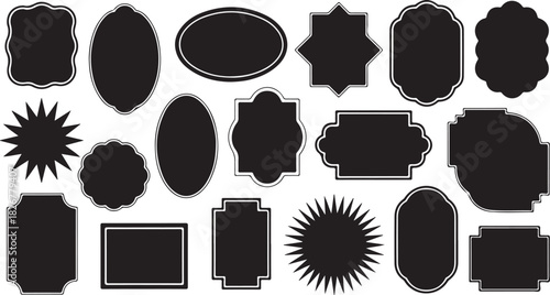 An array of nineteen different black label shapes presents variety on a transparent backdrop