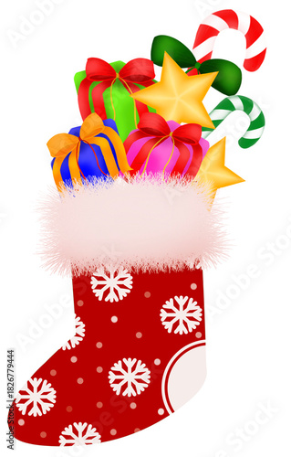 A bright red, decorated with white snowflakes and polka dots, and features a plush, fluffy pink or whit Christmas sock with gifts.