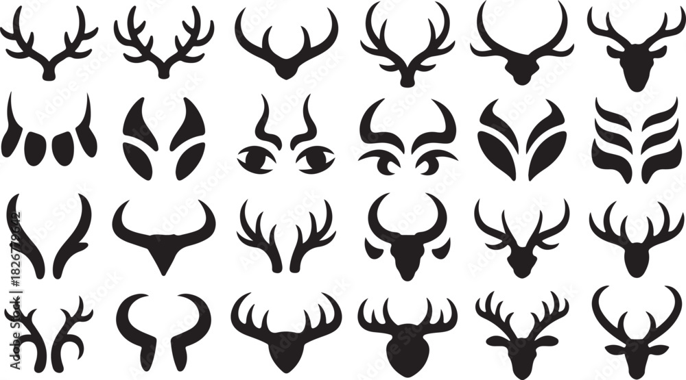 Obraz premium Black deer antlers in varying silhouettes are seen against a white backdrop creating a unique pattern