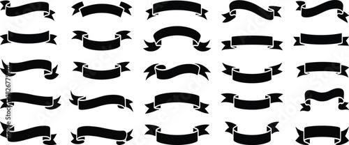 Ribbon banner icons, silhouette set, vintage label design, graphic elements, vector pack, folded shapes, decorative tags, UI assets