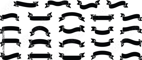 Ribbon banner silhouettes, black vector set, vintage label design, folded shapes, graphic elements, decorative tags, UI design assets