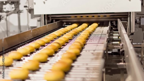 Fresh burger buns moving along automated bakery conveyor line, commercial food production process showing continuous manufacturing system, industrial baking equipment workflow in modern factory enviro