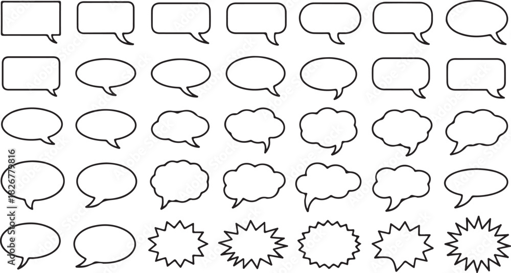 Fototapeta premium Black outline collection showcases varied speech bubbles and balloon shapes on a transparent background