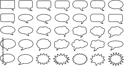 Black outline collection showcases varied speech bubbles and balloon shapes on a transparent background