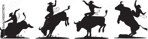 Black silhouettes show cowboys desperately riding on wildly bucking bulls, isolated against white