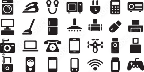 Black silhouette icons represent household appliances, communication devices and other electronics on the white background