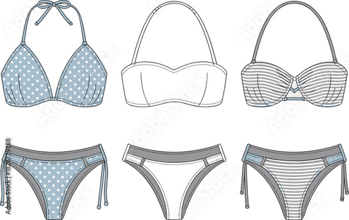 Bikini set fashion sketch, swimwear illustration, halter top, bandeau, striped bikini, vector drawing, front view, flat design
