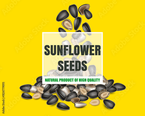An illustration of falling sunflower seeds on a bright yellow background