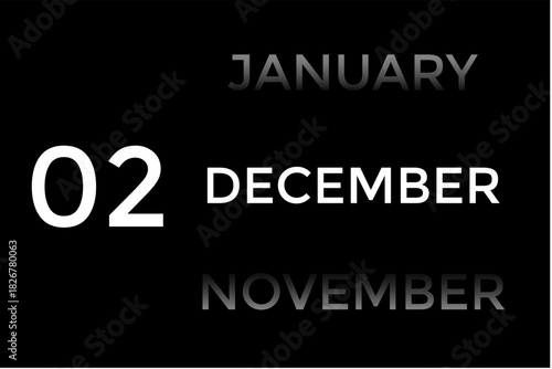 December 2 calendar with black background. A minimalist calendar template with well-structured date boxes and a sleek layout. This image is ideal for illustrating concepts such as time planning